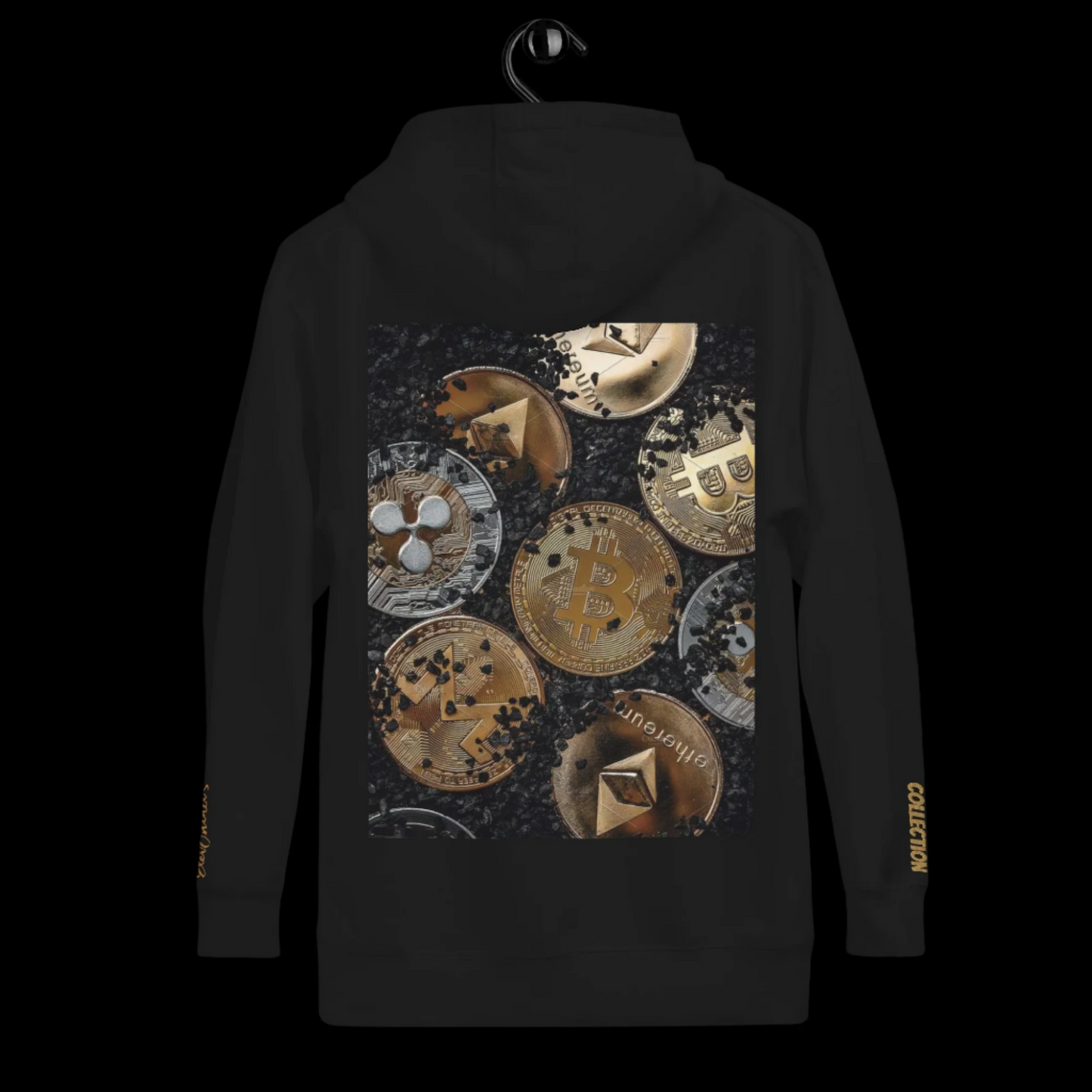 Black hoodie with cryptocurrency designs on a hanger against a white background